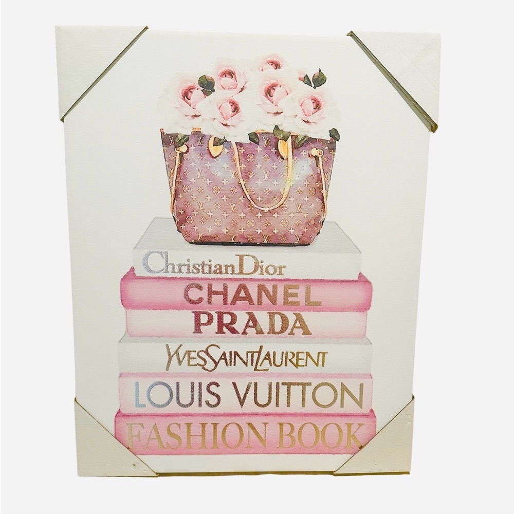 NEW Canvas Fashion Wall Art | Pink Tone Books, Bag With Roses - Canvas Print